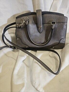 Coach Bag Purse Grey Metalic Satchel Turnlock Silver Crossbody Adjustable Strap